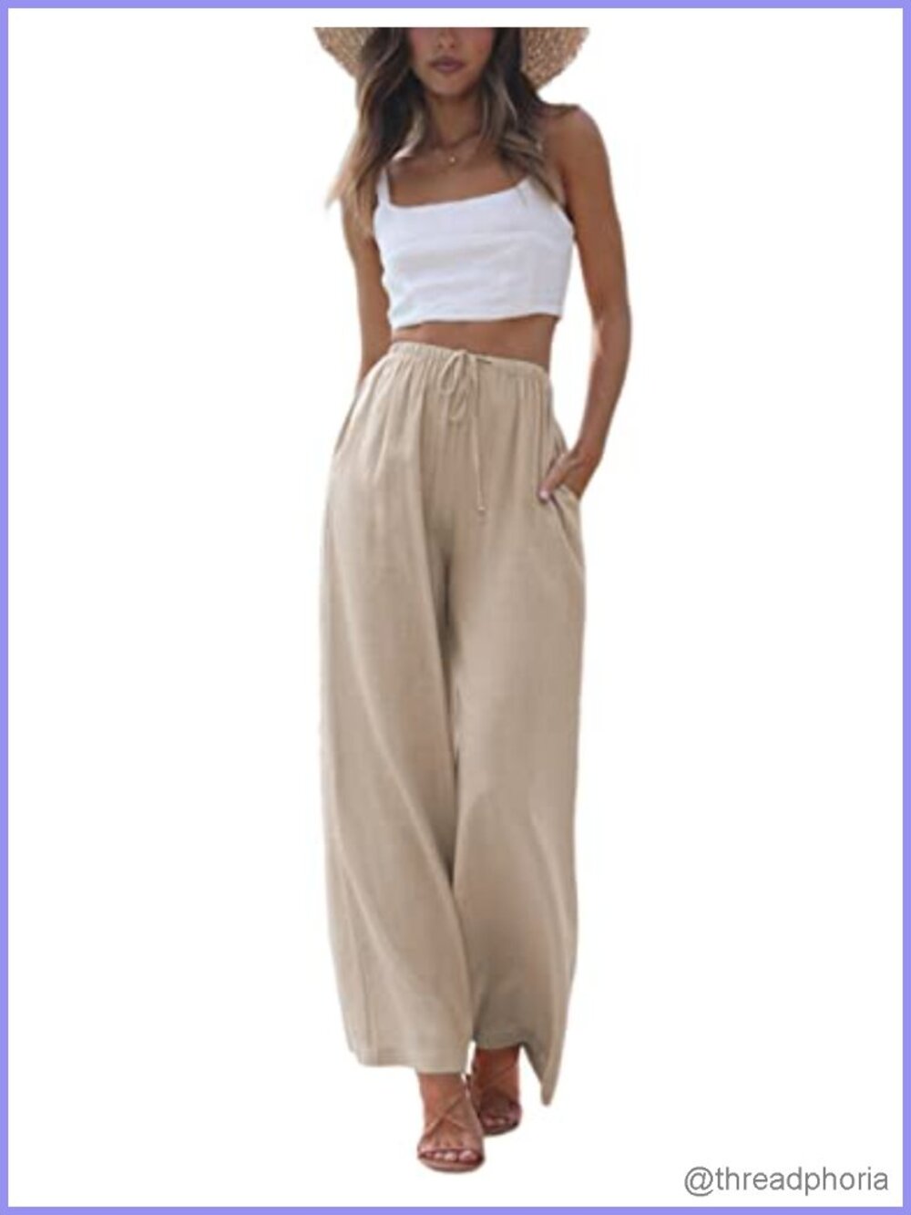 Cotton Linen Palazzo Pants Flowy Wide Leg Beach Trousers with Pockets